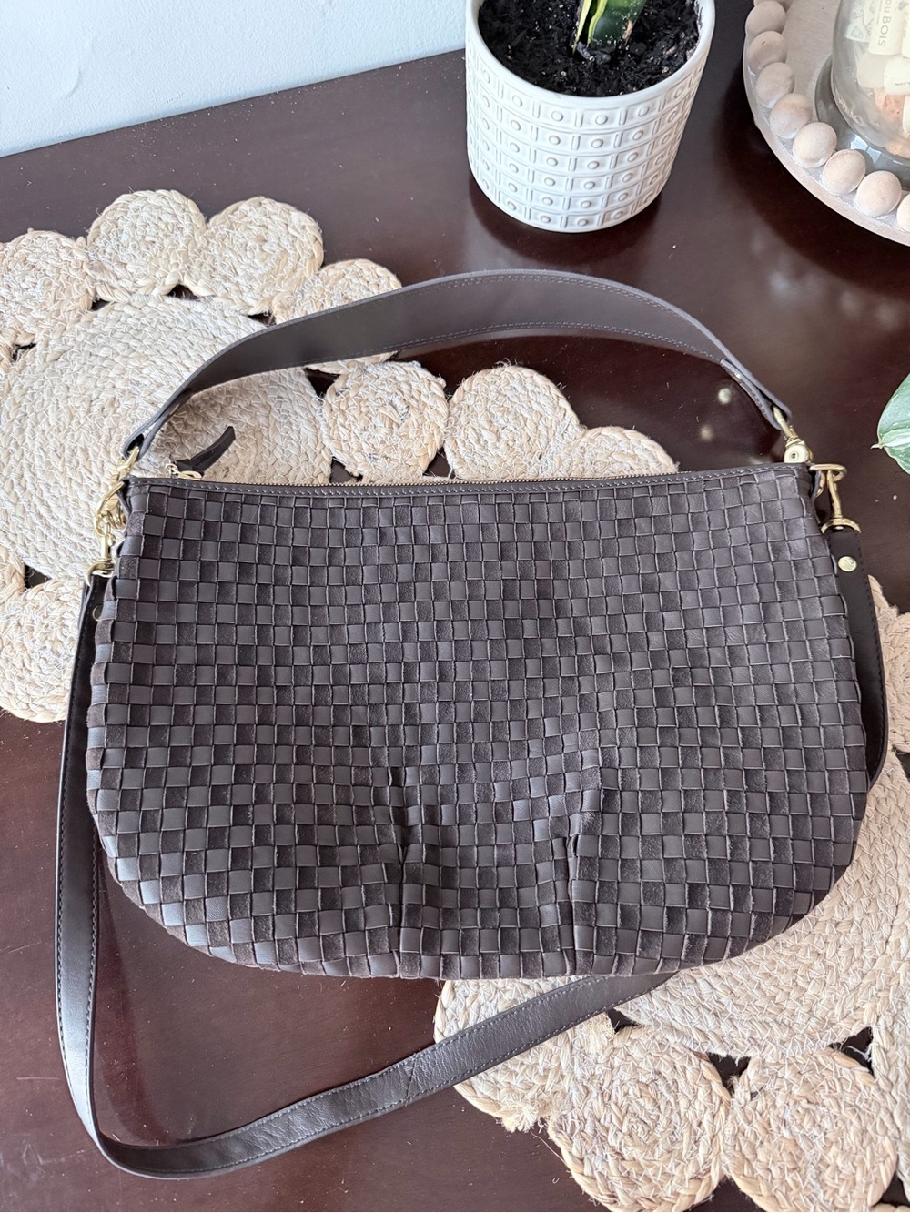 Clare V. Moyen Messenger in Mahogany Nappa Suede Woven Checker